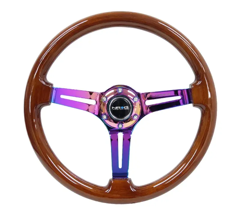 Professional Grade NRG NRG Reinforced Steering Wheel (350mm / 3in. Deep) Brown Wood w/Blk Matte Spoke/Neochrome Center Mark