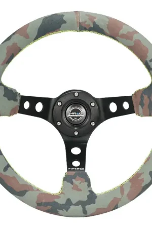 Popular NRG NRG Reinforced Steering Wheel (350mm / 3in. Deep) Camo Suede Mark w/ Neon Grn stitching & Blk Spoke