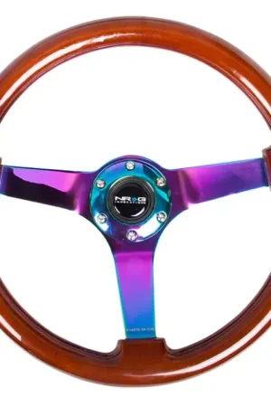 NRG NRG Reinforced Steering Wheel (350mm / 3in. Deep) Classic Dark Wood w/4mm Neochrome Solid 3-Spoke One Day Deal