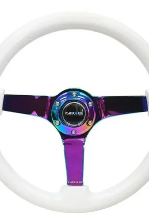 NRG NRG Reinforced Steering Wheel (350mm / 3in. Deep) Classic White w/4mm Neochrome Solid 3-Spoke Get Yours