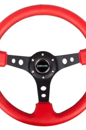 Discount NRG NRG Reinforced Steering Wheel (350mm / 3in. Deep) Red Leather/Blk Stitch w/Blk Spokes (Hole Cutouts)