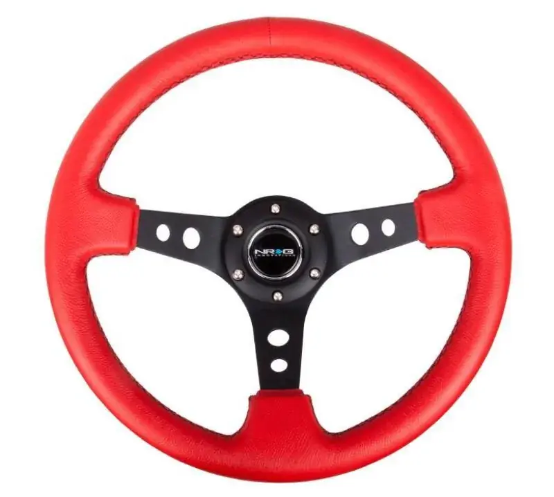 Discount NRG NRG Reinforced Steering Wheel (350mm / 3in. Deep) Red Leather/Blk Stitch w/Blk Spokes (Hole Cutouts)