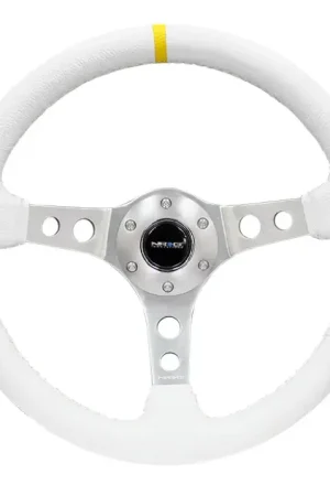 NRG NRG Reinforced Steering Wheel (350mm / 3in. Deep) Wht Leather w/Silver Spoke & Single Yellow Mark Viral