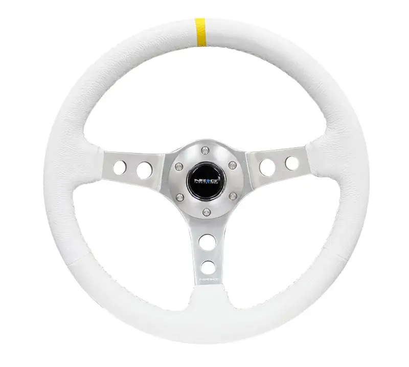 NRG NRG Reinforced Steering Wheel (350mm / 3in. Deep) Wht Leather w/Silver Spoke & Single Yellow Mark Viral