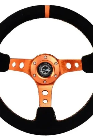 Deal NRG NRG Reinforced Steering Wheel (350mm/ 3in. Deep) Black Suede/ Orange Center Mark/ Orange Stitching