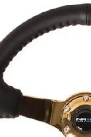 Shop Now NRG NRG Reinforced Steering Wheel (3in Deep / 4mm) 350mm Blk Leather w/Red BBall Stitch & Gold Spoke