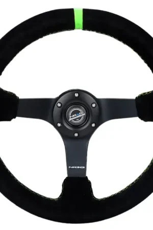 Crafted NRG NRG Reinforced Steering Wheel 350mm/3in. Deep Blk Suede/ Neon Green Stitch w/5mm Matte Black Spoke