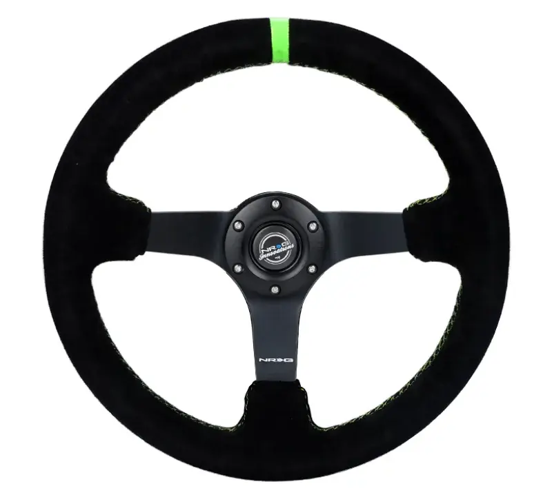 Crafted NRG NRG Reinforced Steering Wheel 350mm/3in. Deep Blk Suede/ Neon Green Stitch w/5mm Matte Black Spoke