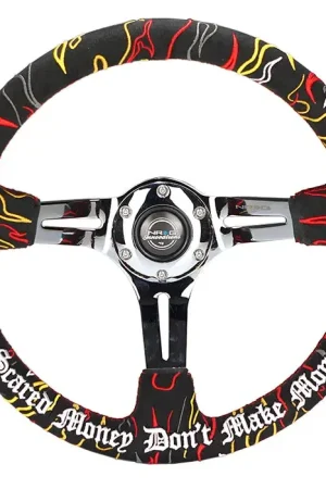 NRG NRG Reinforced Steering Wheel R Litteral Sig 3in Deep/5mm Chrm Spk - Blk Alc w/ Red Stitch Money Back Guarantee