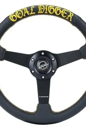 Best Price NRG NRG Sport Steering Wheel (350mm / 1.5in Deep) Black Leather/Gold Stitch w/Matte Black Solid Spokes