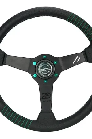 Fast Shipping NRG NRG Steering Wheel 1.5in Dish 350mm - Emerald Perforated Leather - Silver Stitching Reinforced Spoke